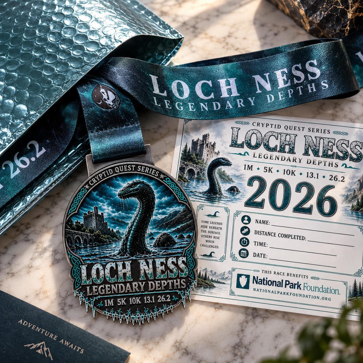 Loch Ness Legendary Depths Virtual Race 2026 medal from Cryptid Quest Series, featuring detailed Nessie design for virtual race finisher.