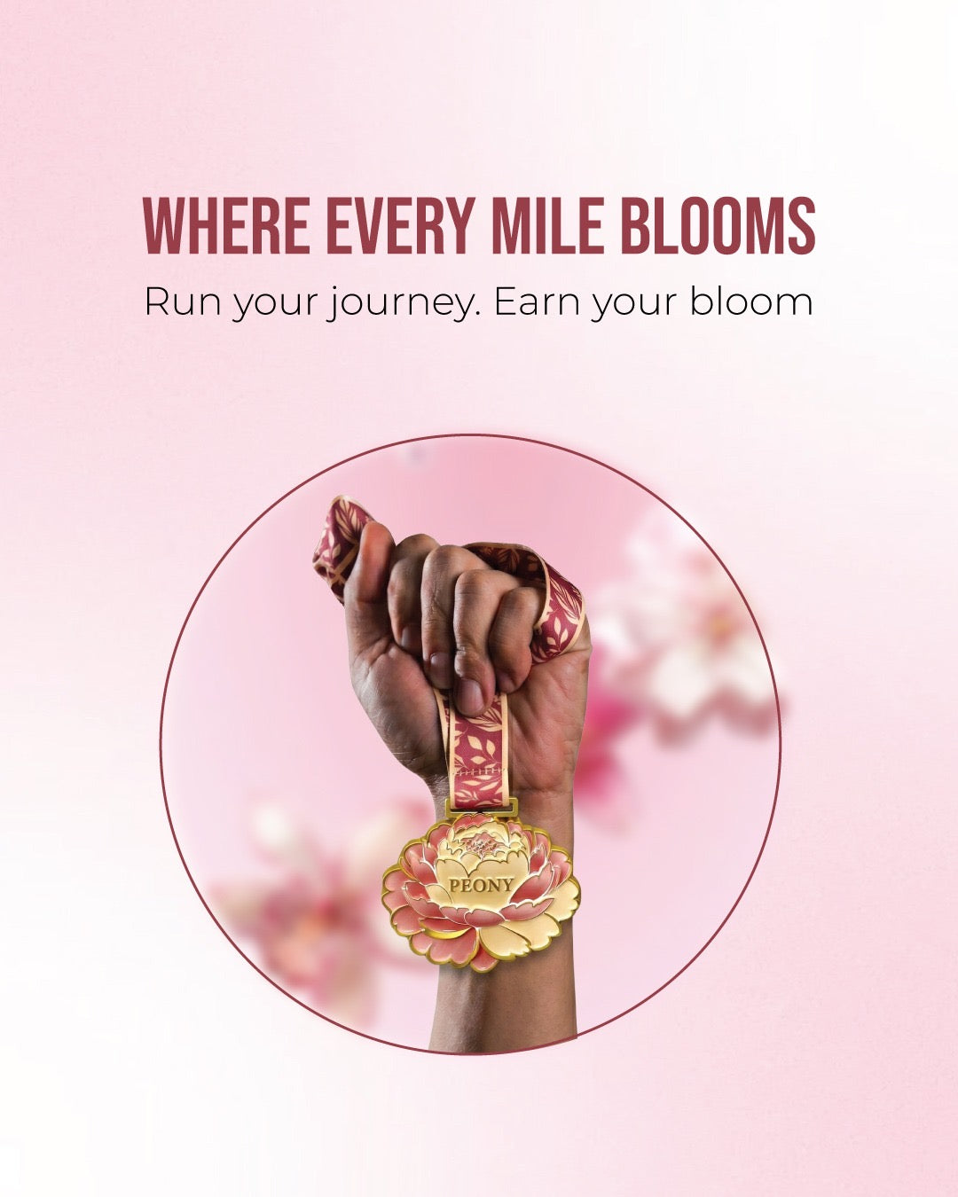 Peony Virtual Race medal featuring a floral design, ideal for 1M, 5K, 10K, half marathon, and marathon runners in the Language of Flowers collection.