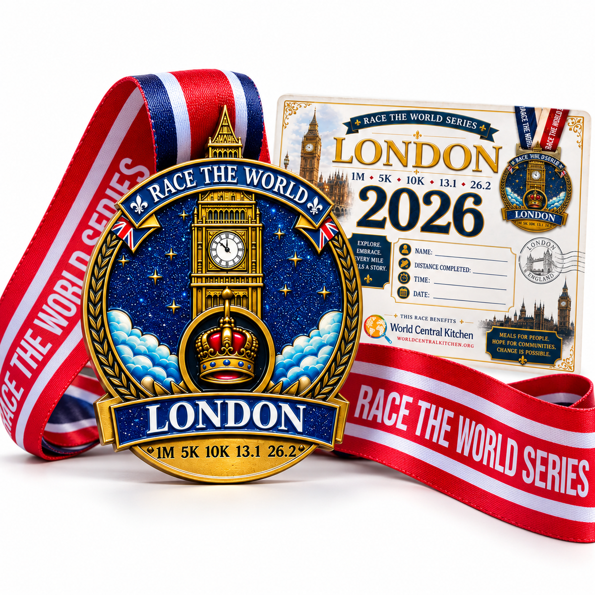 Close-up of the London Virtual Race medal featuring the event logo and iconic London landmarks for 5K, 10K, half marathon, and marathon.