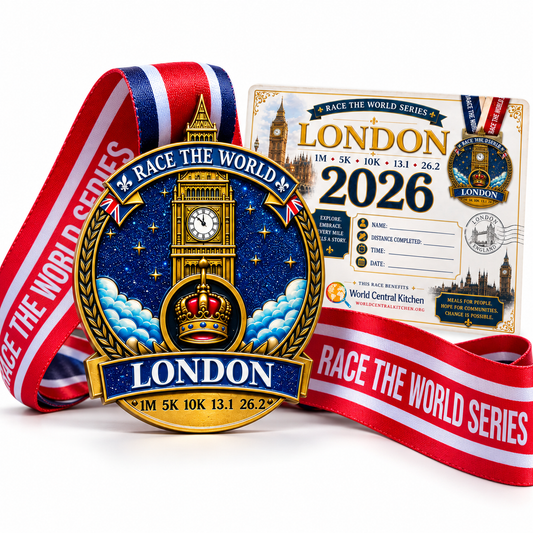 Close-up of the London Virtual Race 2026 medal from VirtualRaceEvent, featuring detailed design for 1M, 5K, 10K, 13.1, and 26.2 distances.