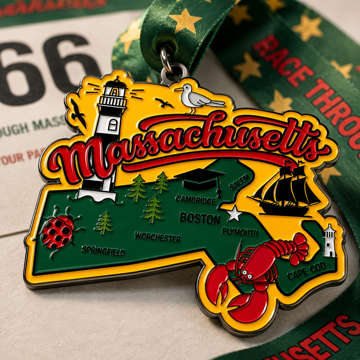 Close-up of VirtualRunEvent Massachusetts race medal and bib for 1M, 5K, 10K, 13.1 half marathon, and 26.2 marathon.