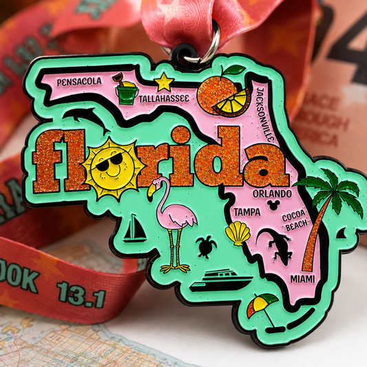 Close-up of VirtualRunEvent's Race Through Florida medal and bib, showcasing the detailed medal design and race bib number.