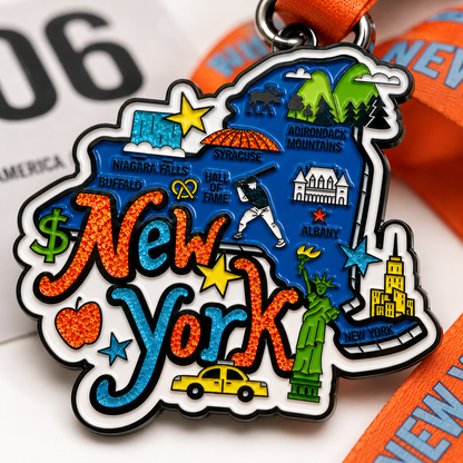 Close-up of a medal from the Race Through New York Virtual Race by virtualrunevent, featuring cityscape design and event branding.