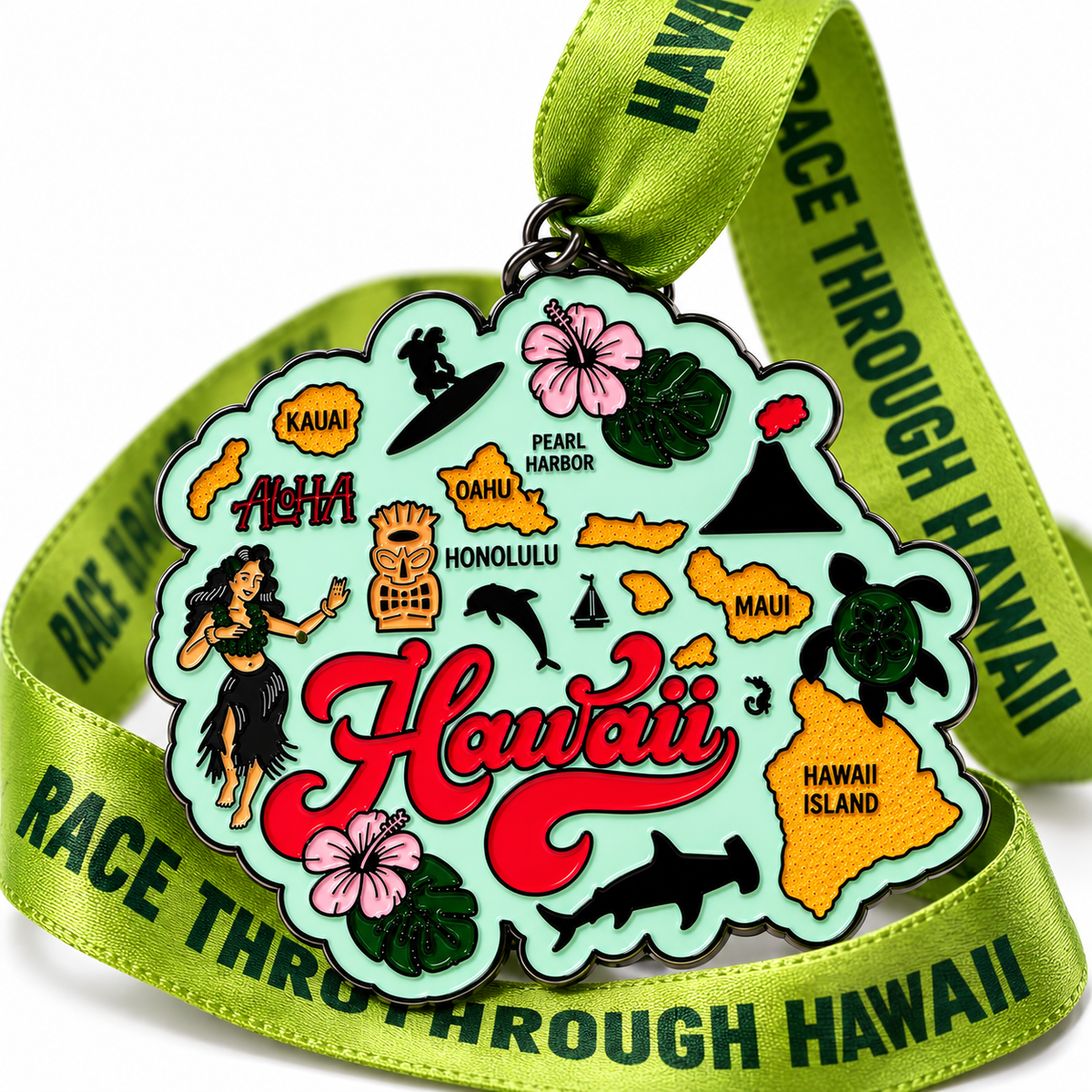 Close-up of a VirtualRunEvent Hawaii Race medal featuring tropical design and engraved race details for 5K, 10K, half marathon, and 50-mile challenge