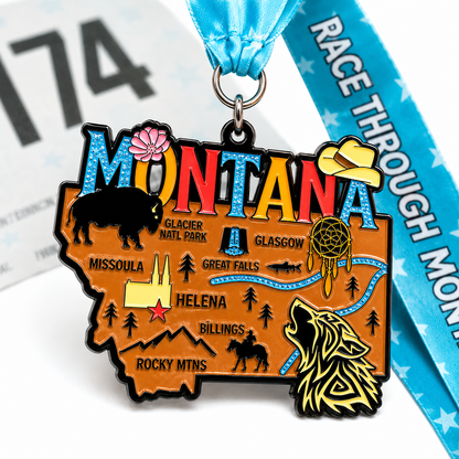 Close-up of VirtualRunEvent Race Through America 50 State Challenge medals and bibs, showcasing colorful medals for each state.