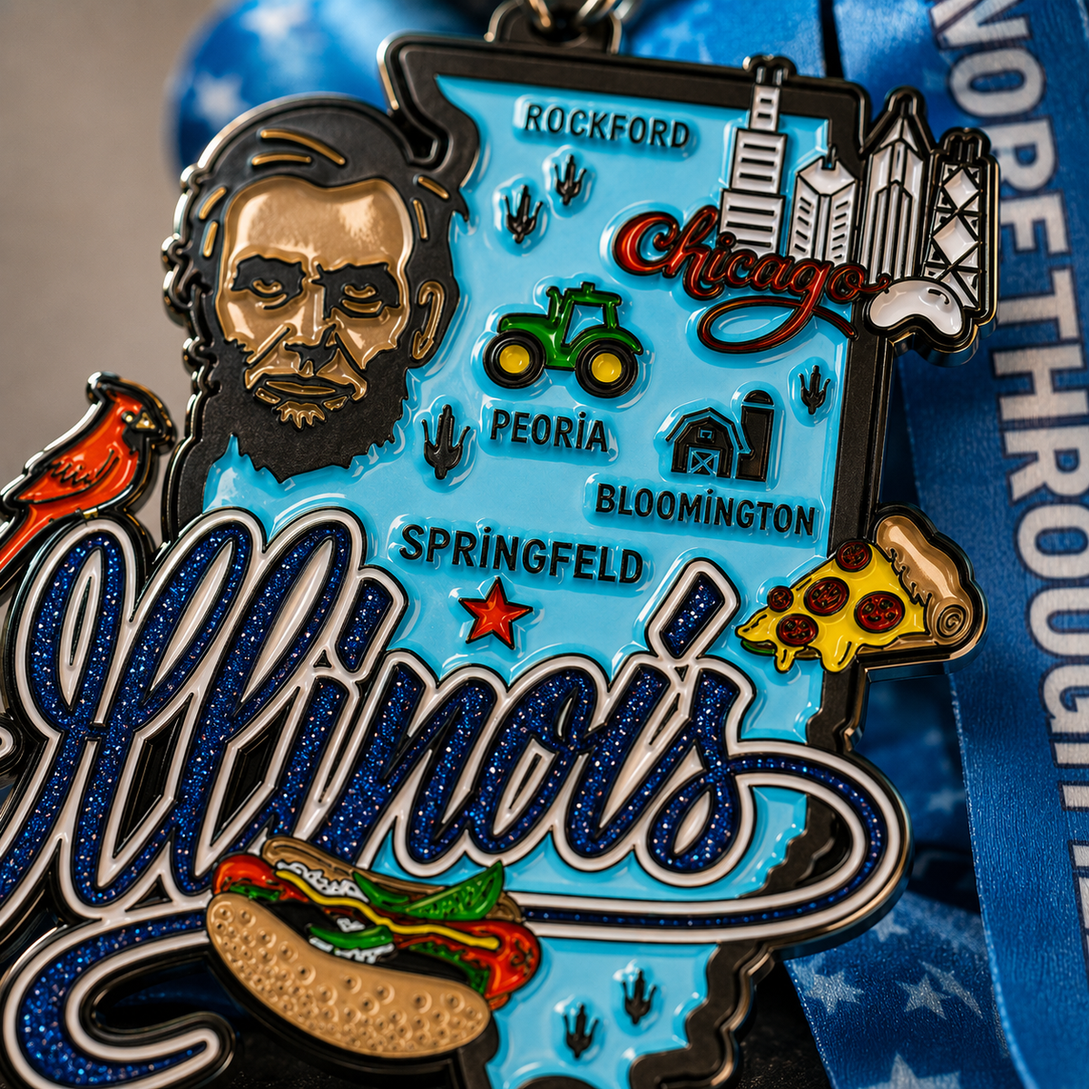 Close-up of a race medal from Virtual Run Event's Illinois Virtual Race featuring 5K, 10K, Half Marathon, and 50 Mile Challenge.
