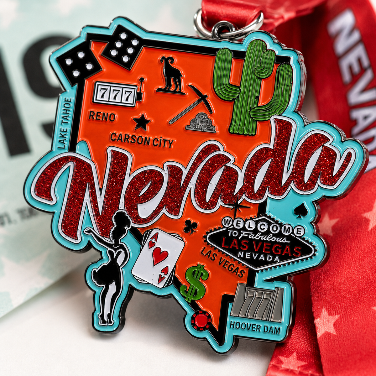 Close-up of a medal from the Race Through Nevada Virtual Race by virtualrunevent, featuring event details and Nevada-themed design.