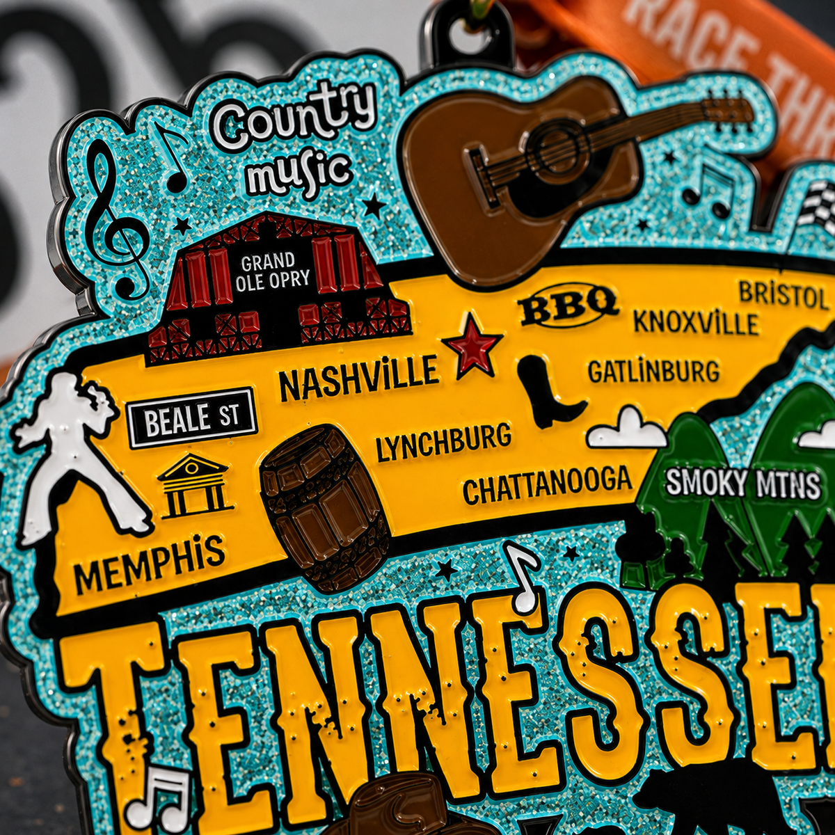Close-up of a virtualrunevent Race Through Tennessee medal featuring a scenic design for 5K, 10K, Half Marathon, and Marathon.