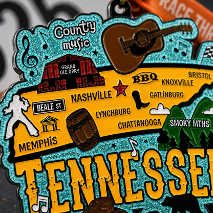 Close-up of a virtualrunevent Race Through Tennessee medal featuring a scenic design for 5K, 10K, Half Marathon, and Marathon.