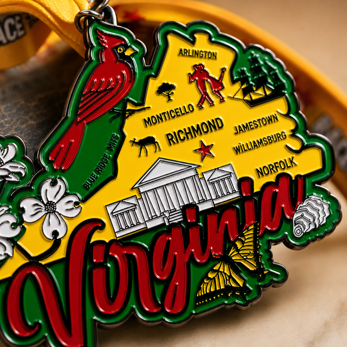 Close-up of Virtualrunevent Virginia Race medal featuring intricate design for 5K, 10K, Half Marathon, and Marathon virtual race.