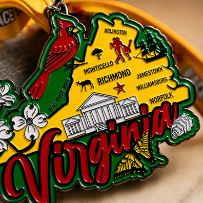 Close-up of Virtualrunevent Virginia Race medal featuring intricate design for 5K, 10K, Half Marathon, and Marathon virtual race.