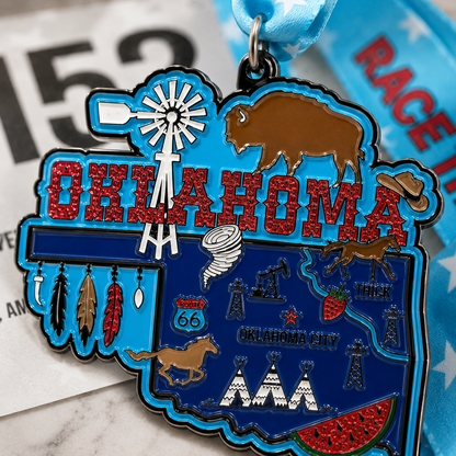 Close-up of a medal for the Race Through Oklahoma Virtual Race by virtualrunevent, featuring a design celebrating Oklahoma running events.