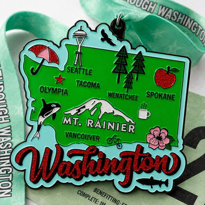 Close-up of VirtualRunEvent Race Through America 50 State Challenge medals and bibs showcasing colorful designs and detailed engravings.