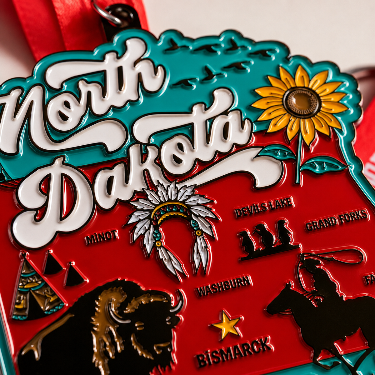 Close-up of a medal for the Race Through North Dakota virtual race event, featuring intricate design and branding details.