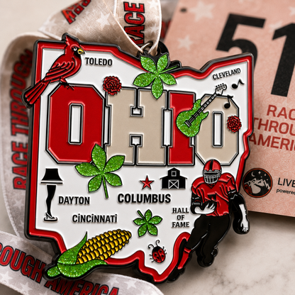 Close-up of VirtualRunEvent Race Through Ohio medal and bib, featuring a detailed medal with Ohio-themed design and event branding.