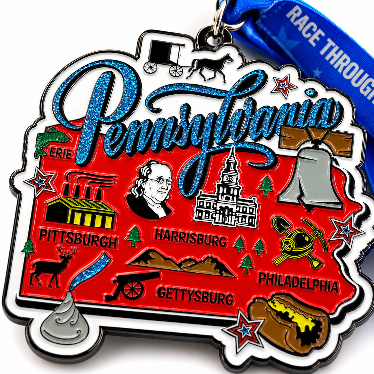 Close-up of a virtualrunevent Race Through Pennsylvania medal featuring detailed Pennsylvania map design and event branding.