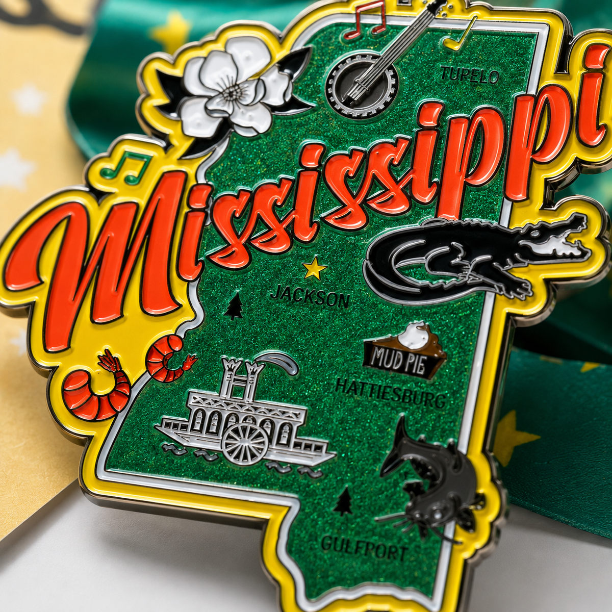 Close-up of Virtualrunevent Race Through Mississippi medal featuring detailed designs for 5K, 10K, Half Marathon, and 50 Mile Challenge