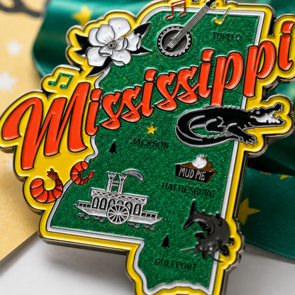 Close-up of Virtualrunevent Race Through Mississippi medal featuring detailed designs for 5K, 10K, Half Marathon, and 50 Mile Challenge