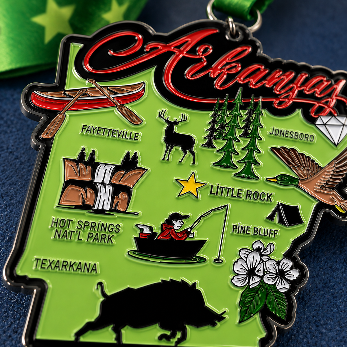 Close-up of a medal for the Race Through Arkansas Virtual Race by virtualrunevent, featuring a 5K, 10K, half marathon, and 50-mile challenge.