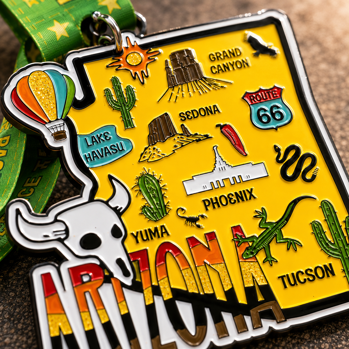 Close-up of Virtualrunevent Race Through Arizona medal featuring desert landscape and race details for 5K, 10K, Half Marathon, and 50 Mile Challenge