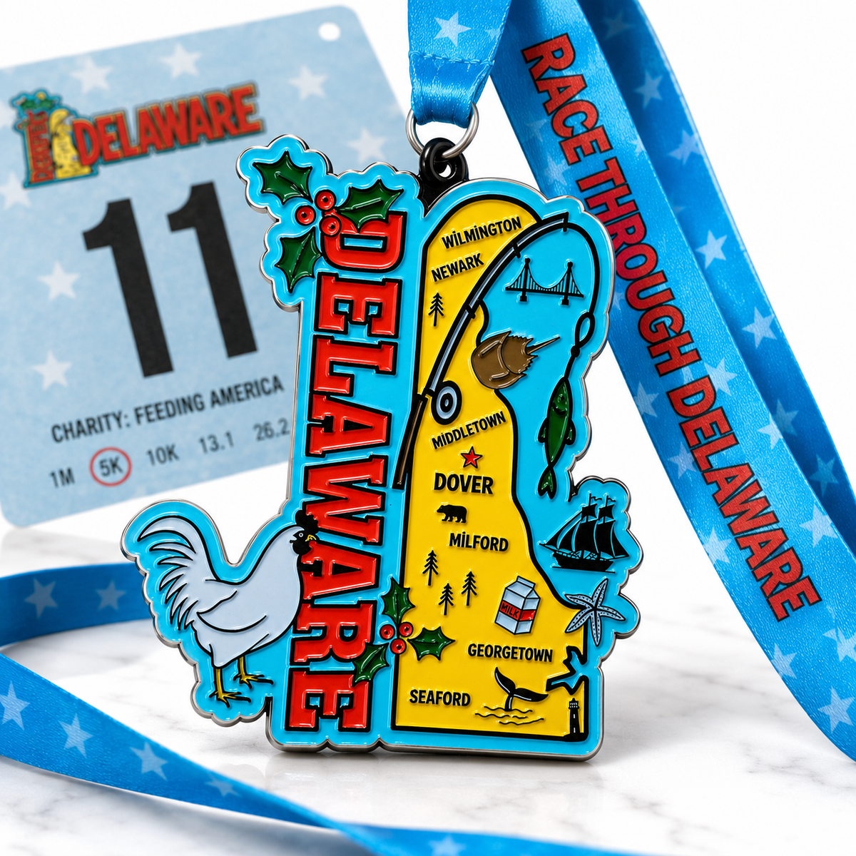 Close-up of the Virtualrunevent Race Through Delaware medal featuring detailed design for 5K, 10K, half marathon, and 50 mile challenge.
