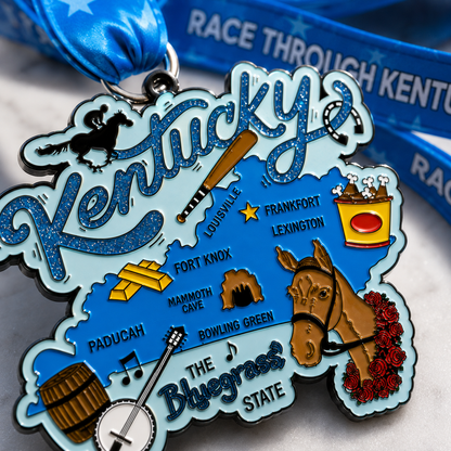 Close-up of a virtualrunevent medal for Race Through Kentucky virtual race, featuring intricate design and event branding.