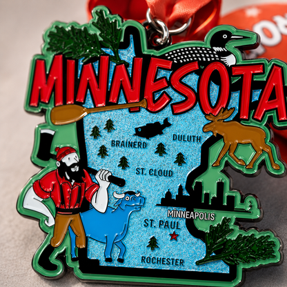 Close-up of Virtualrunevent Minnesota Race medal featuring the race distance and scenic design for 5K, 10K, half marathon, and 50-mile challenge