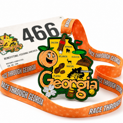 Close-up of a virtualrunevent Race Through Georgia medal with engraved race details and colorful ribbon.