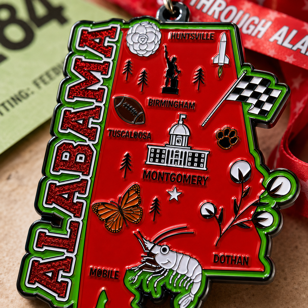 Close-up of the Race Through Alabama virtual race medal featuring Alabama map design and event branding by virtualrunevent.