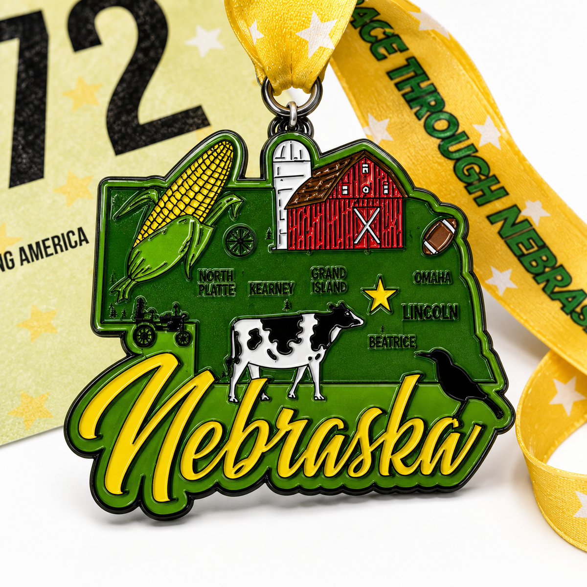 Race Through Nebraska 1M 5K 10K 13.1 26.2 Medal and Bib