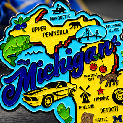 Close-up of Michigan Virtual Race medal for 1 mile, 5K, 10K, half marathon, featuring virtualrunevent branding and vibrant design.