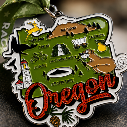 Close-up of a virtualrunevent medal for the Race Through Oregon Virtual Race, featuring 5K, 10K, half marathon, and marathon design.