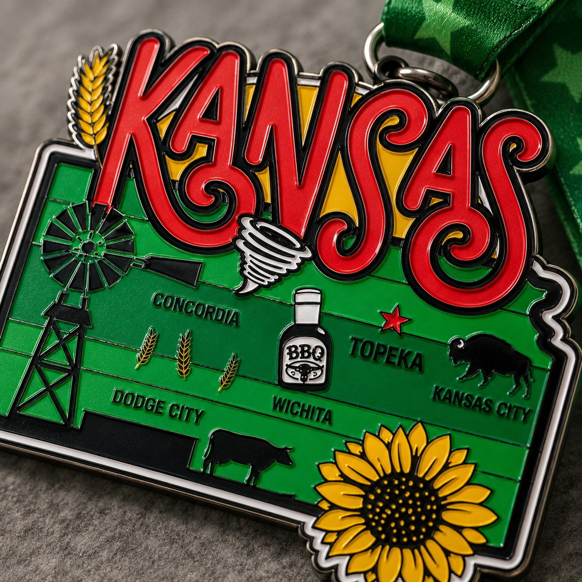 Close-up of a virtualrunevent Race Through Kansas medal with Kansas map design and engraved event details for 5K, 10K, half marathon.