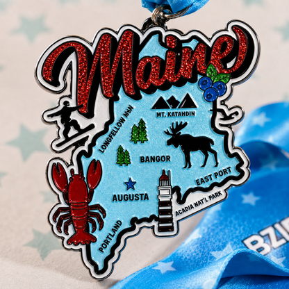 Close-up of VirtualRunEvent Race Through America 50 State Challenge medals and bibs, showcasing colorful medals for all 50 states.