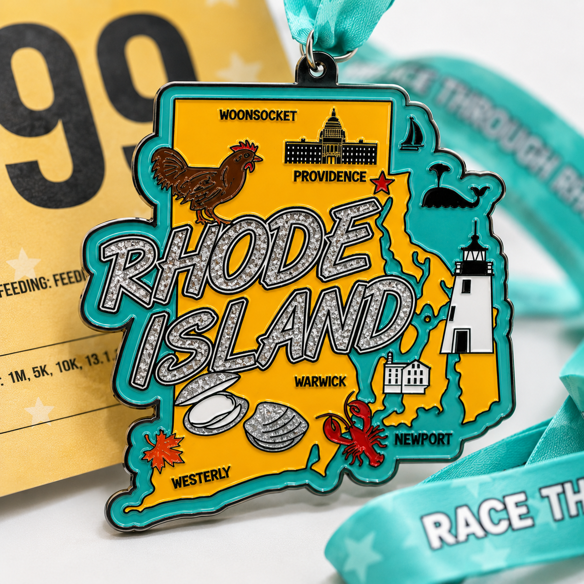 Close-up of a virtualrunevent Race Through America 50 State Challenge medal and bib, showcasing colorful designs and intricate details.