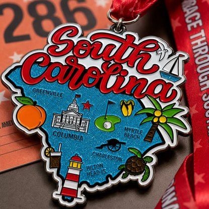 Close-up of VirtualRunEvent Race Through America 50 State Challenge medals and bibs showcasing all 50 state medals.