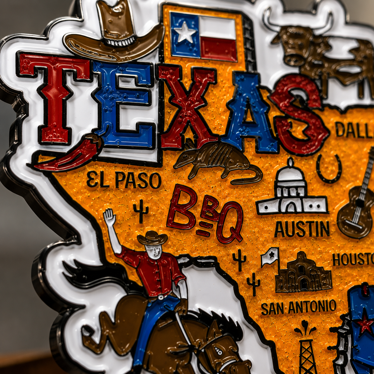 Close-up of a virtualrunevent Race Through Texas medal featuring Texas map design and race details for 5K, 10K, Half Marathon, and 50 Mile.