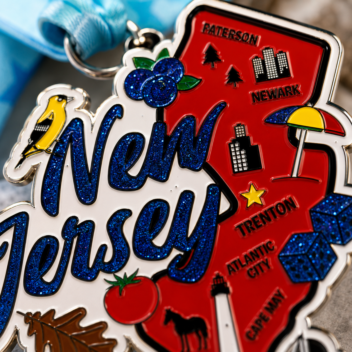 Close-up of a virtualrunevent medal for the Race Through New Jersey 5K, 10K, Half Marathon, and 50 Mile Challenge.