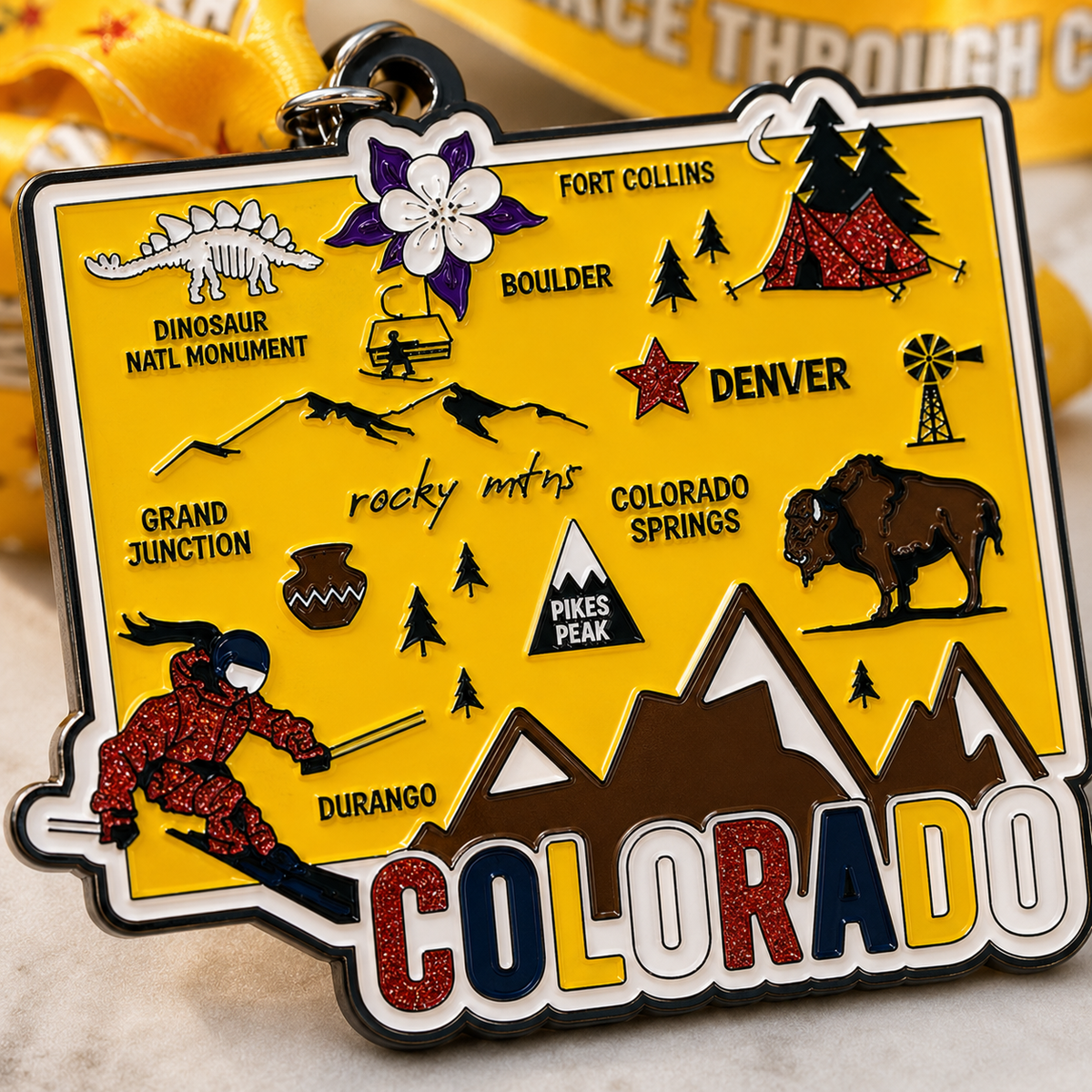 Close-up of a medal from the Race Through Colorado Virtual Race by virtualrunevent, featuring mountain and runner designs.