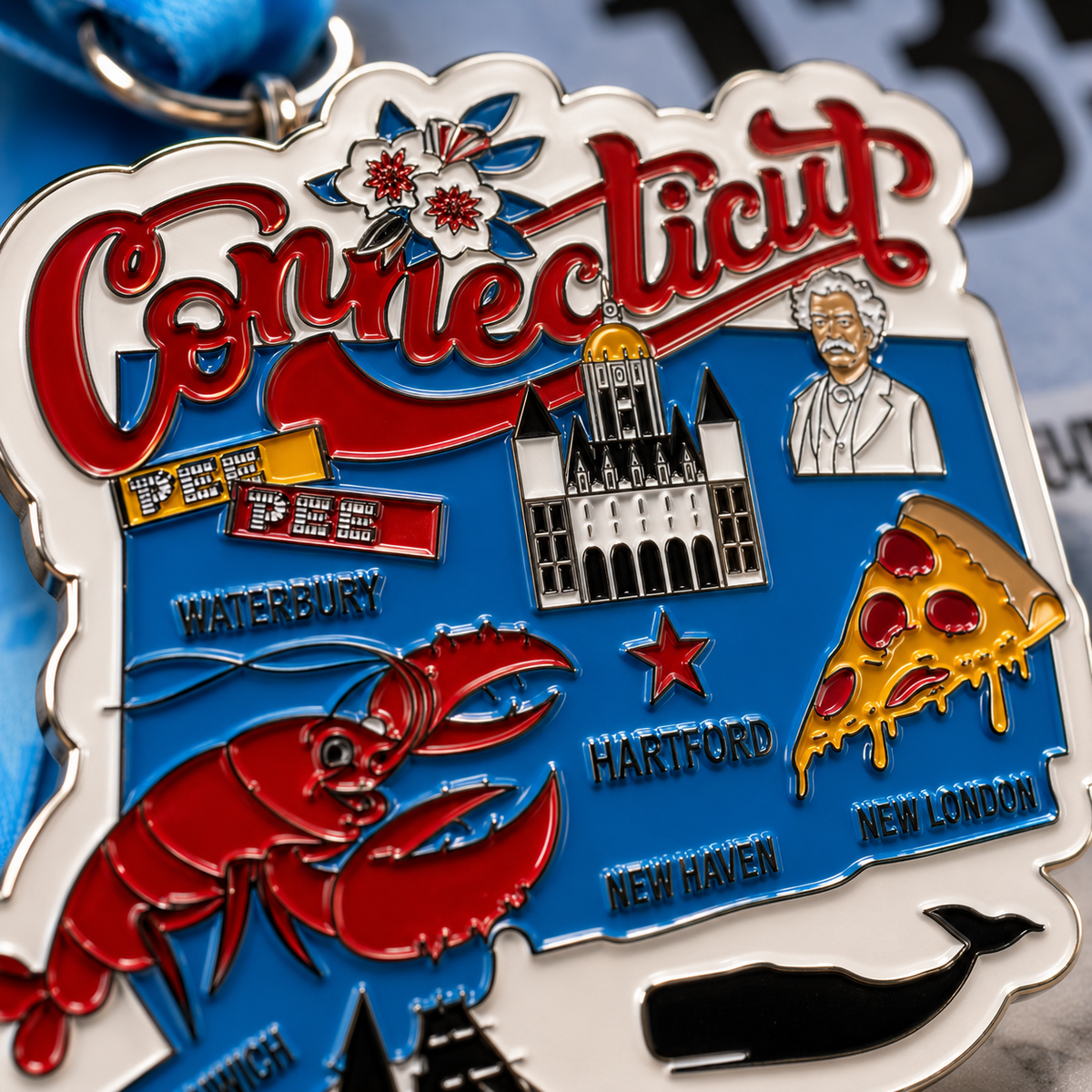 Close-up of a medal for the Race Through Connecticut Virtual Race by virtualrunevent, featuring detailed Connecticut map design.