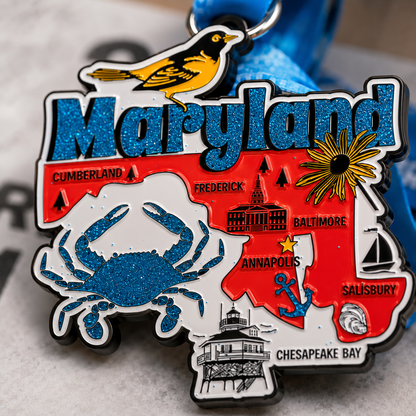 Close-up of VirtualRunEvent Race Through America 50 State Challenge medals and bibs displayed together.