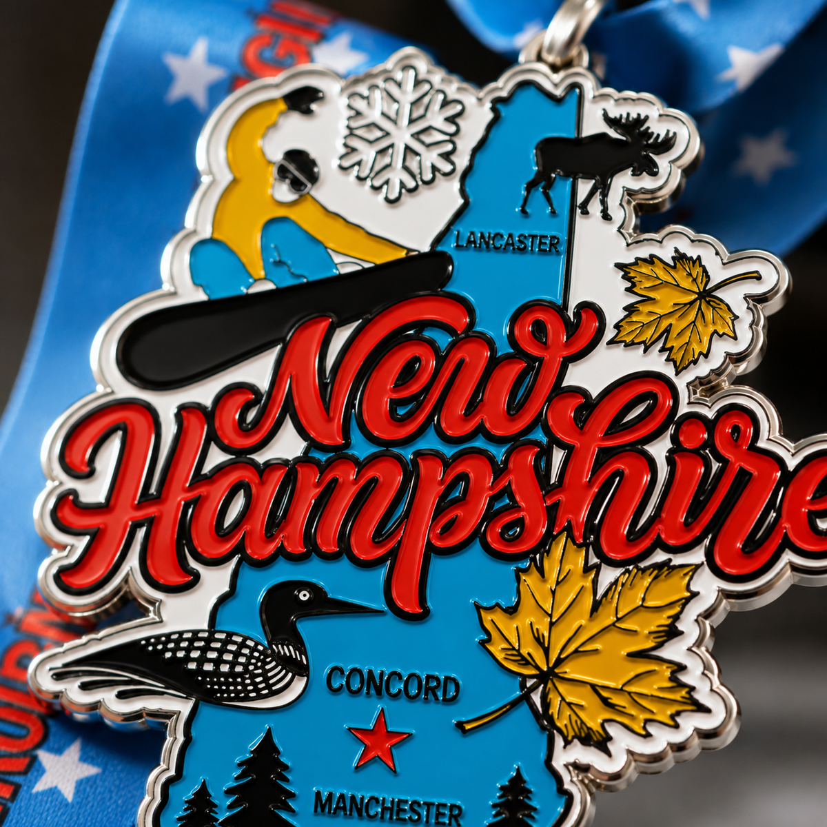 Close-up of a virtualrunevent Race Through New Hampshire medal and bib for 1M, 5K, 10K, half, and full marathon runners.