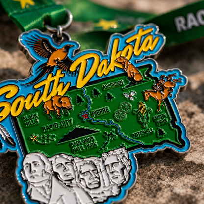 Close-up of a virtualrunevent Race Through South Dakota medal featuring detailed design and race branding for 5K, 10K, half marathon, and marathon.