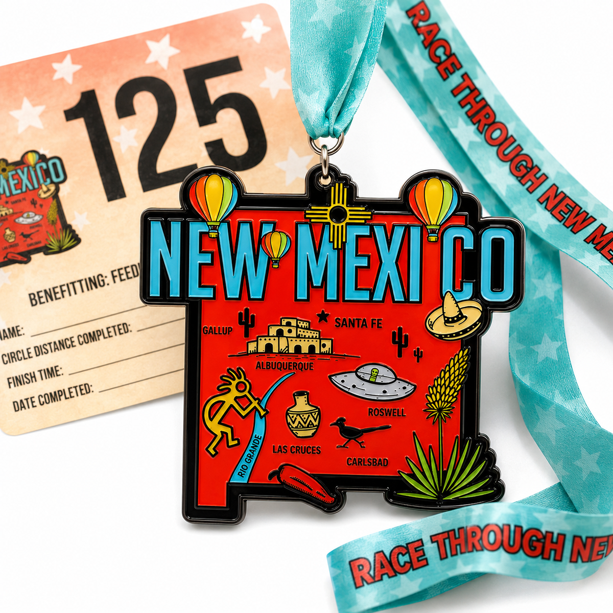 Close-up of VirtualRunEvent Race Through America 50 State Challenge medals and bibs, showcasing colorful state-themed medals.