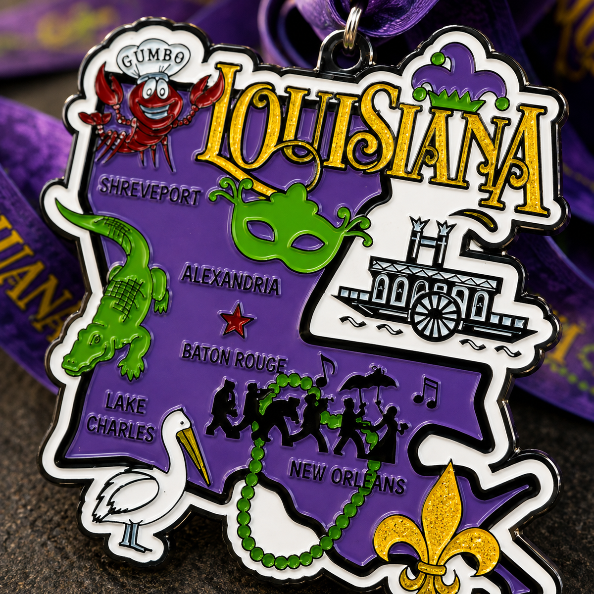 Close-up of a virtualrunevent Race Through Louisiana medal featuring intricate Louisiana map design and detailed event branding.