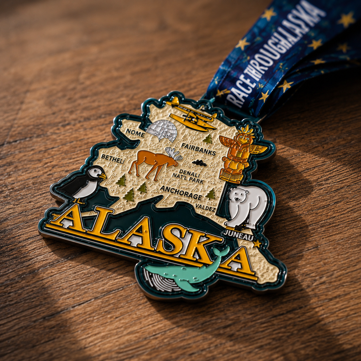 Close-up of Alaska Running Medal from Virtual Run Event, featuring detailed design for virtual 5K, 10K, half marathon, marathon, and 50 mile.
