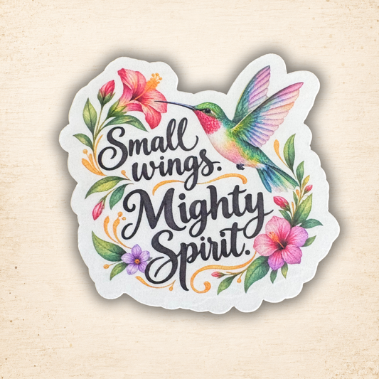 Small Wings Mighty Spirit medal sticker featuring a winged design and vibrant colors, ideal for decorating or motivational purposes.