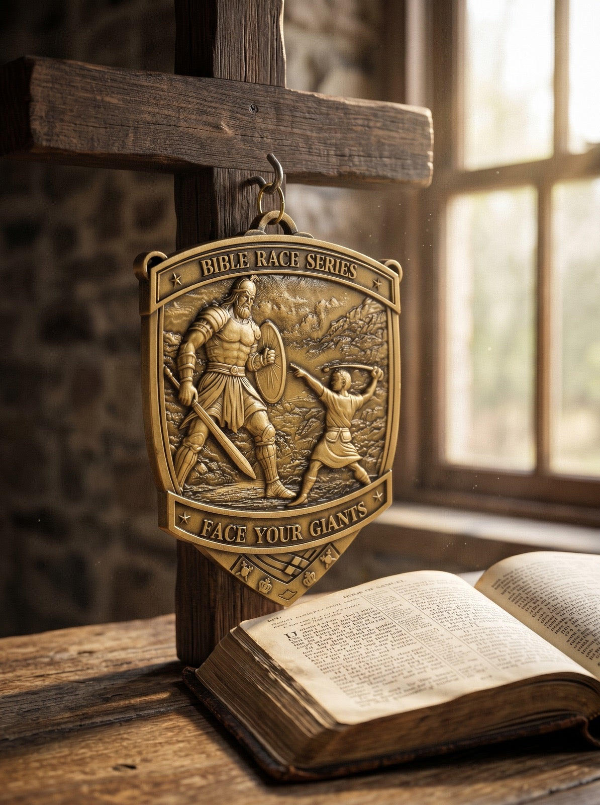 Christian virtual run medal for Face Your Giants Race 2026 by virtualrunevent, featuring a detailed design and race branding.