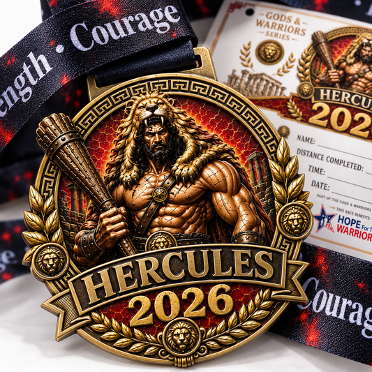 Hercules Virtual Race 2026 medal from VirtualRunEvent, featuring gods and warriors design for 1M, 5K, 10K, half and full marathon finisher.