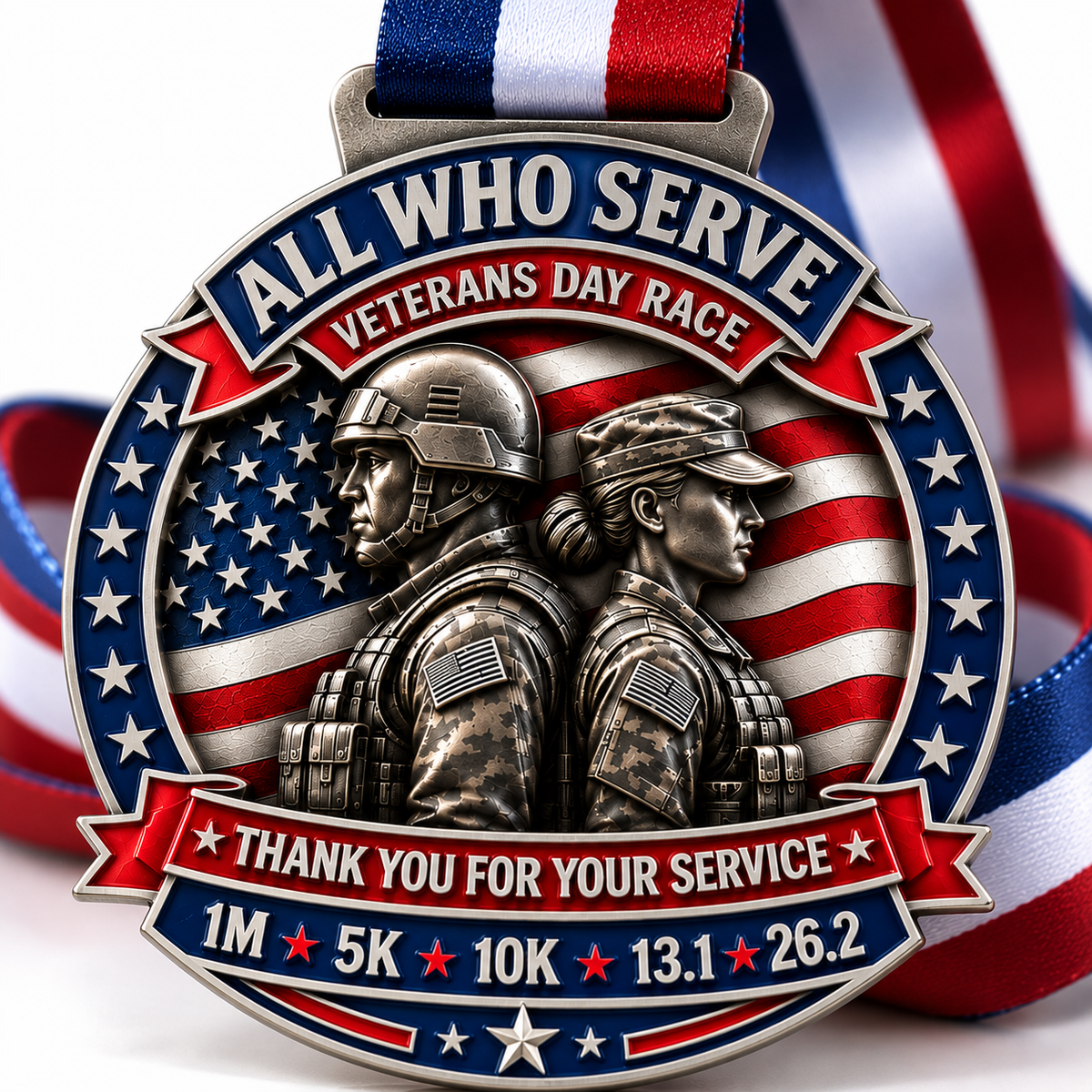 Veterans Day Virtual Race 2026 medal by virtualrunevent, featuring patriotic design for 1M, 5K, 10K, Half Marathon, and Marathon.